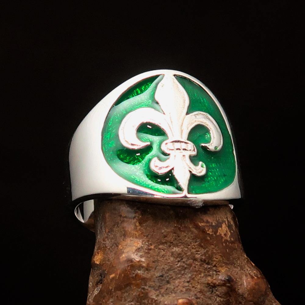Knights Templar Ring - Green Fleur De Lis Sterling Silver - Bricks Masons