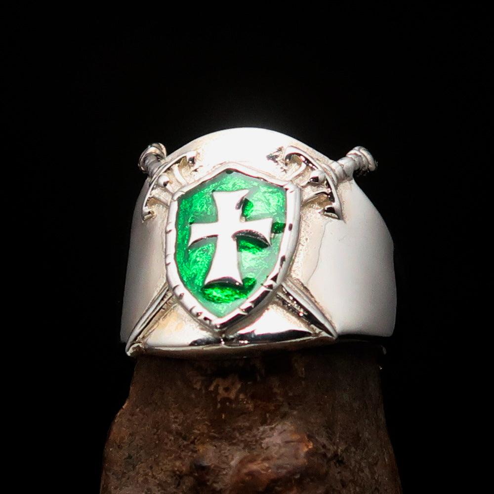 Knights Templar Ring - Green Templar Shield Cross Sterling Silver - Bricks Masons