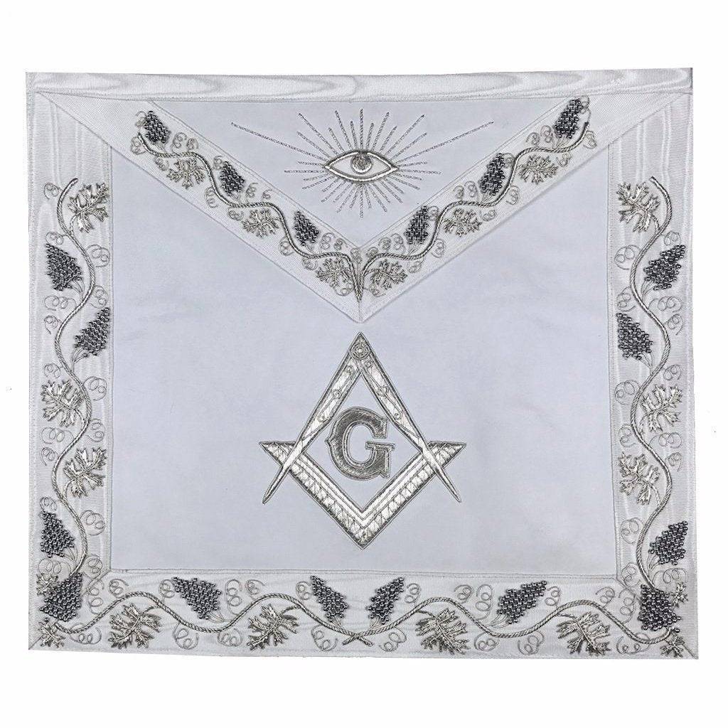 Master Mason Blue Lodge Apron - White Moire Ribbon with Silver Hand Embroidery - Bricks Masons