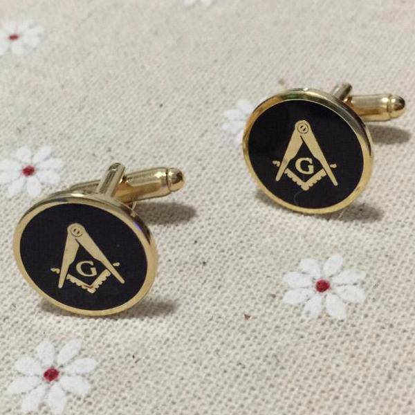 Master Mason Blue Lodge Cufflink - Round & Gold - Bricks Masons
