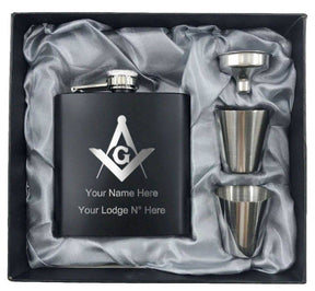 Master Mason Blue Lodge Flask - 2 Shot Glasses & Funnel - Bricks Masons