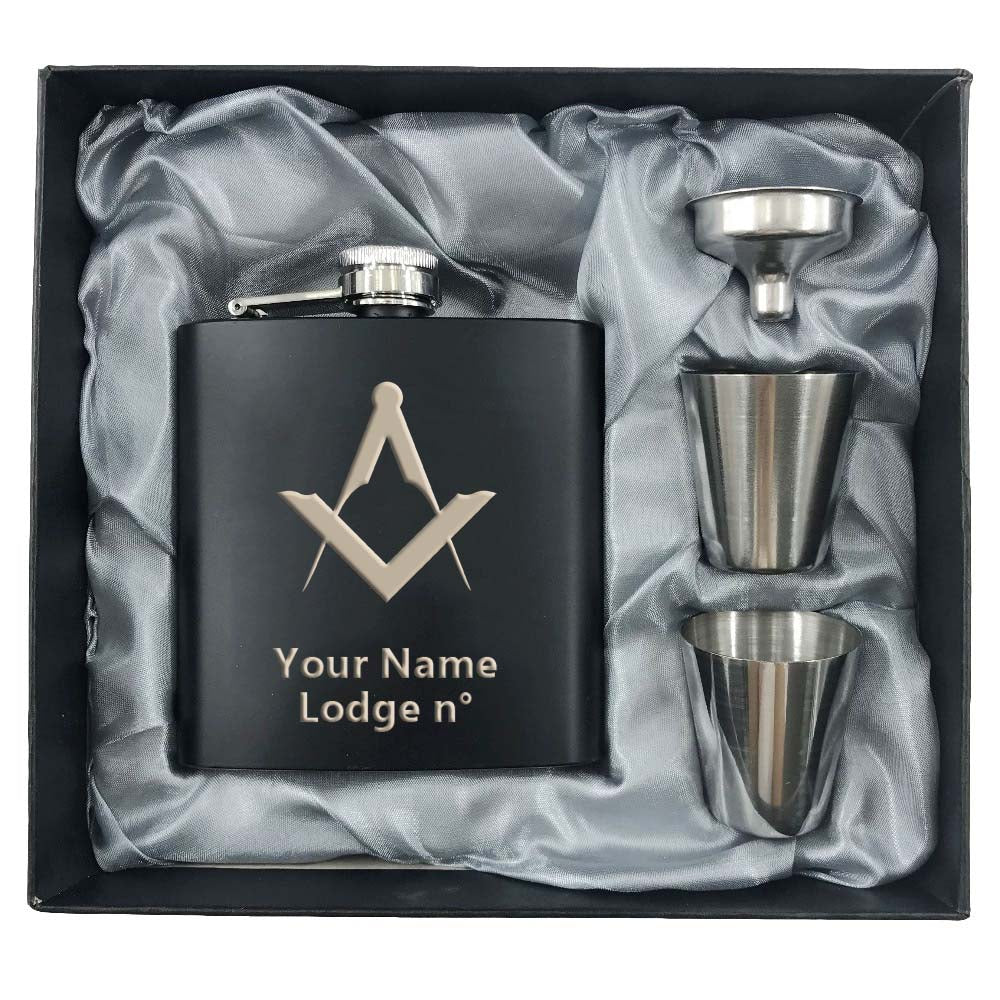 Master Mason Blue Lodge Flask - 2 Shot Glasses & Funnel - Bricks Masons