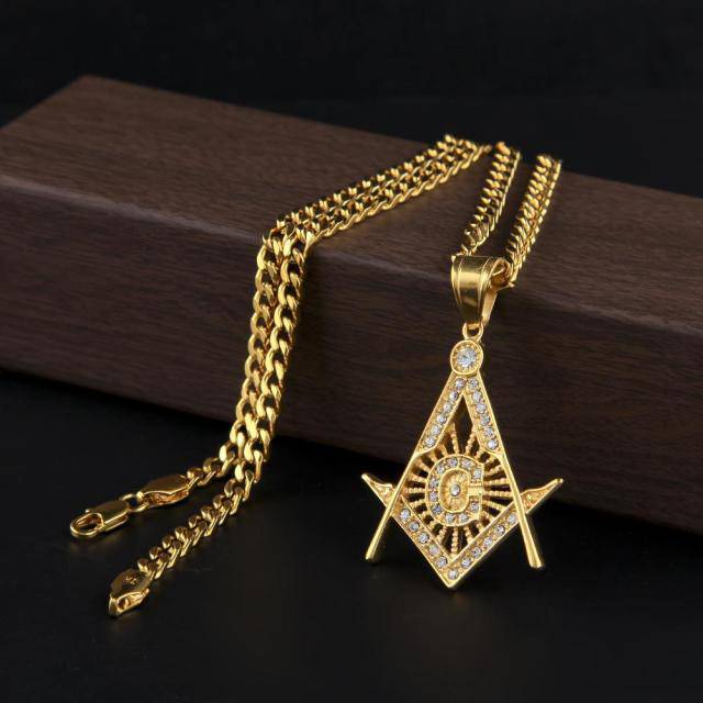 Master Mason Blue Lodge Necklace - All Rhinestone Square & Compass - Bricks Masons