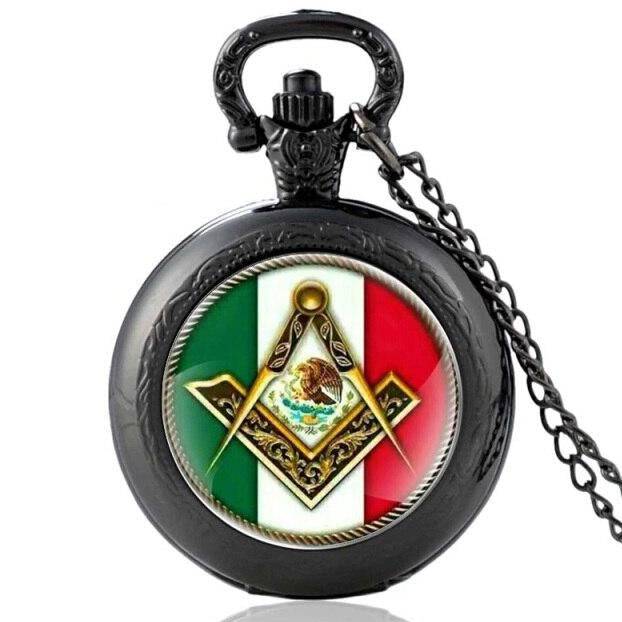 Master Mason Blue Lodge Pocket Watch - Compass & Square Mexico Flag Pocket - Bricks Masons