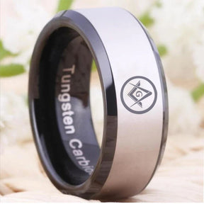 Master Mason Blue Lodge Ring - Black Beveled Tungsten Personalizable - Bricks Masons