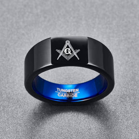 Master Mason Blue Lodge Ring - Black & Blue Tungsten Personalizable - Bricks Masons