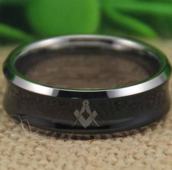 Master Mason Blue Lodge Ring - Black Concave Tungsten Personalizable - Bricks Masons