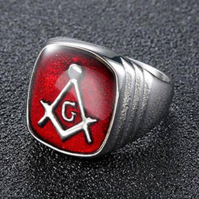 Master Mason Blue Lodge Ring - Casted Square & Compass G Red Stainless Steel - Bricks Masons