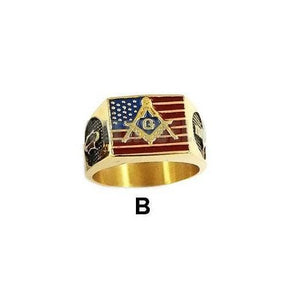 Master Mason Blue Lodge Ring - Compass and Square G USA Flag - Bricks Masons