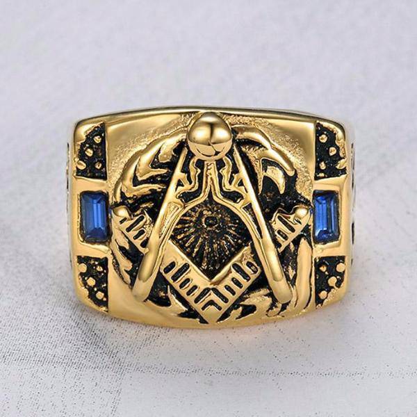 Master Mason Blue Lodge Ring - Gold & Blue Crystal - Bricks Masons
