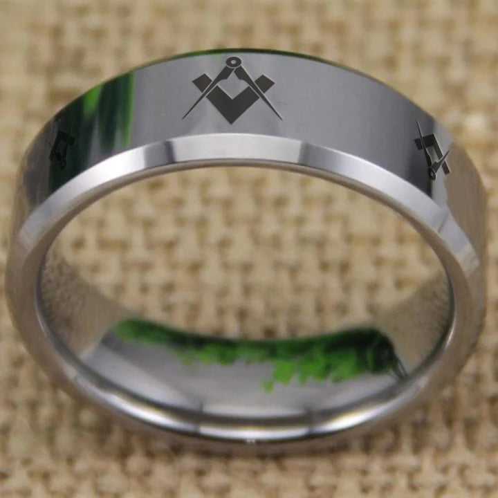 Master Mason Blue Lodge Ring - Silver Bevel Tungsten Personalizable - Bricks Masons