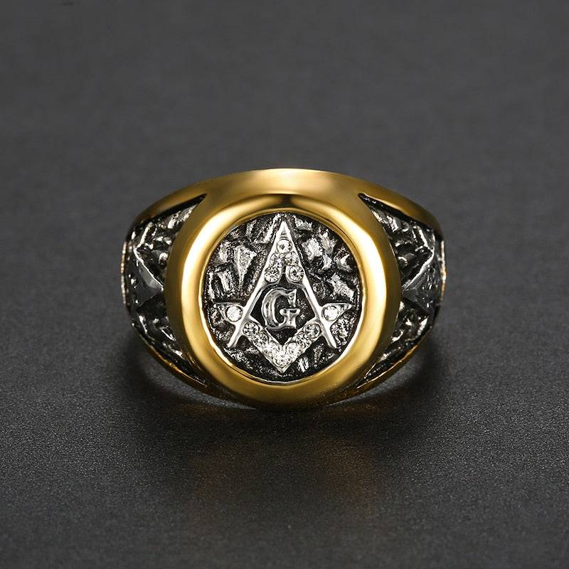 Master Mason Blue Lodge Ring - Square and Compass G Gold Crystal Plated - Bricks Masons