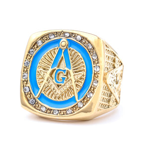 Master Mason Blue Lodge Ring - Square and Compass G Rhinestone - Bricks Masons