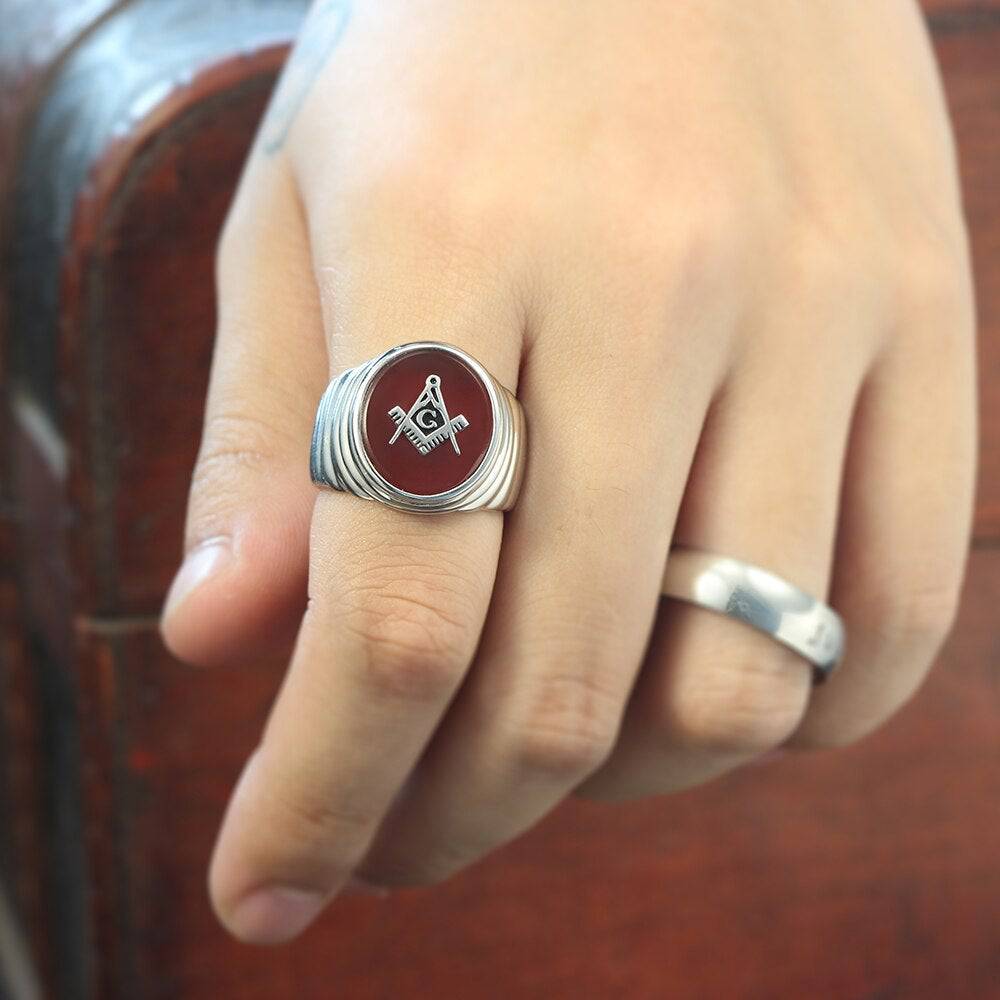 Master Mason Blue Lodge Ring - Square & Compass G Oval Head Sterling Silver - Bricks Masons