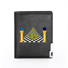 Master Mason Blue Lodge Wallet - Square and Compass G Checkered & Credit Card Holder (Black & Brown) - Bricks Masons
