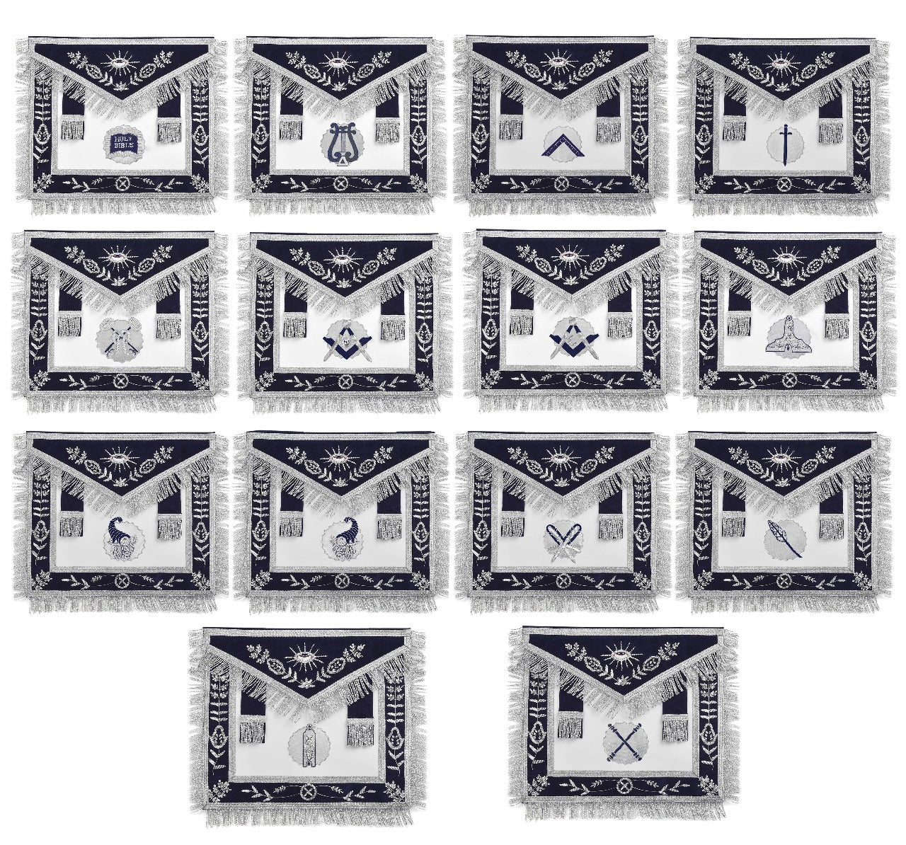 Officers Blue Lodge Officer Apron Set - Navy Velvet Machine Embroidery (Set of 14) - Bricks Masons