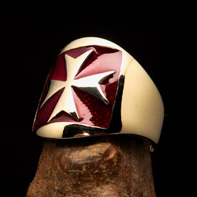 Order of Malta Ring - Red & Gold Solid Brass With Cross - Bricks Masons