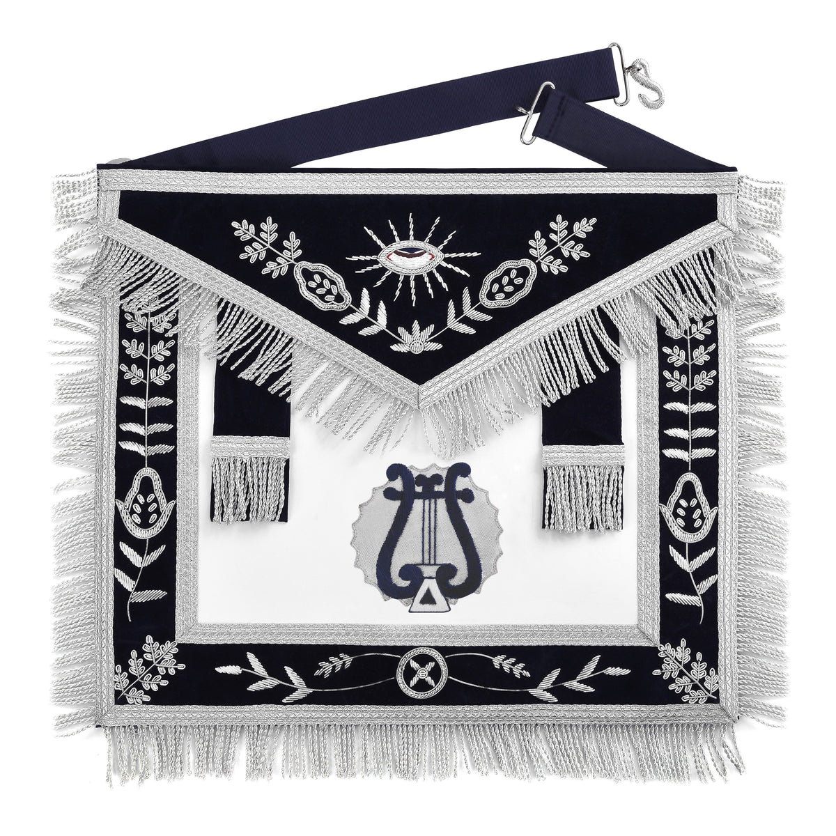 Organist Blue Lodge Officer Apron - Dark Blue With Silver Hand Embroidery Bullion - Bricks Masons