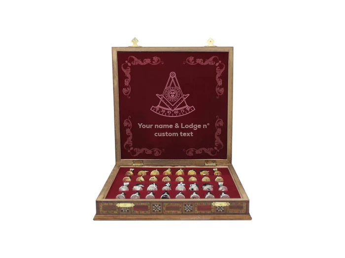 Past Master Blue Lodge California Regulation Chess Set - Wood Mosaic Pattern - Bricks Masons