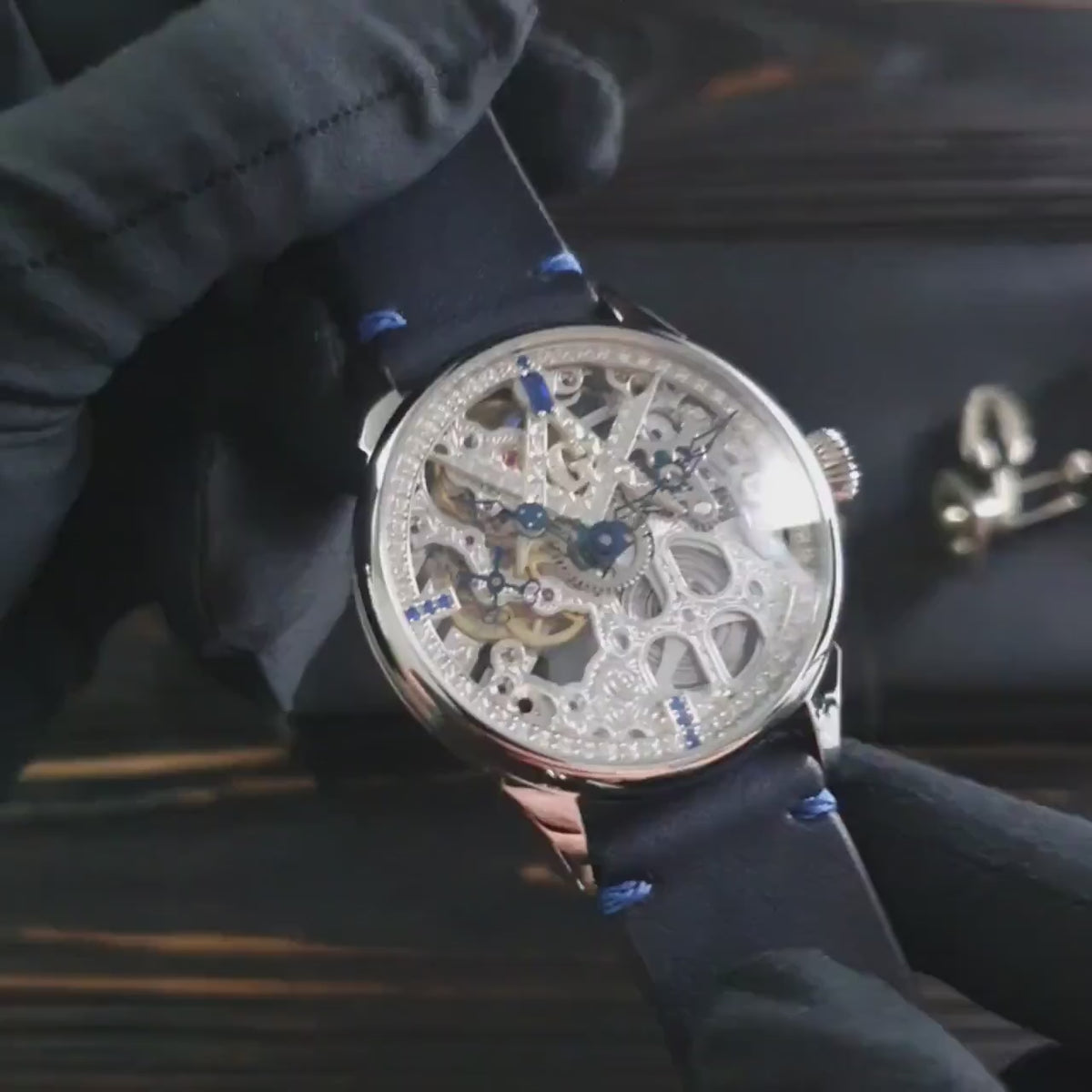 Master Mason Blue Lodge Wristwatch - Silver Skeleton With Stones