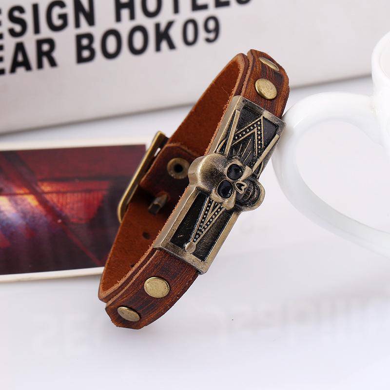 Master Mason Blue Lodge Bracelet - Skull Square Compass Leather