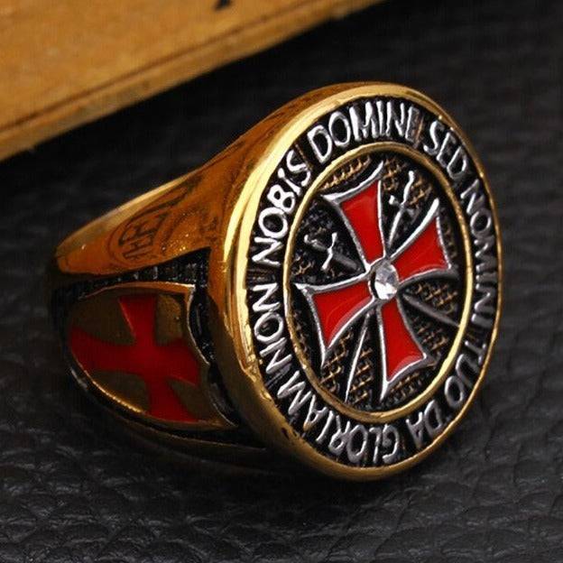 Knights Templar Commandery Ring - Stainless Steel Rhinestone Red Cross