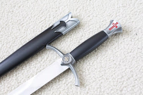 Knights Templar Sword - Silver Medieval Red Cross Crusader With Black Scabbard (15.4") - Bricks Masons