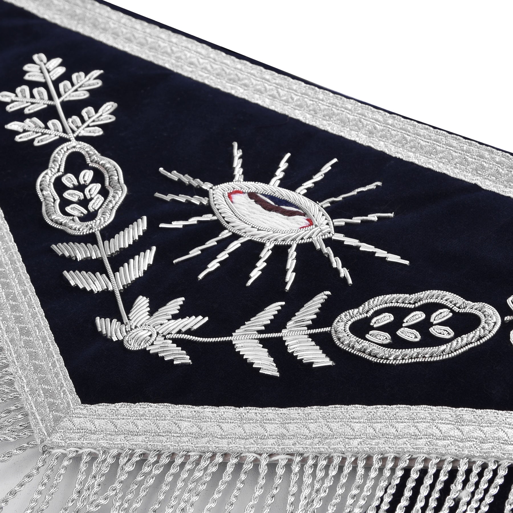 Senior Deacon Blue Lodge California Officer Apron - Dark Blue With Silver Hand Embroidery Bullion - Bricks Masons
