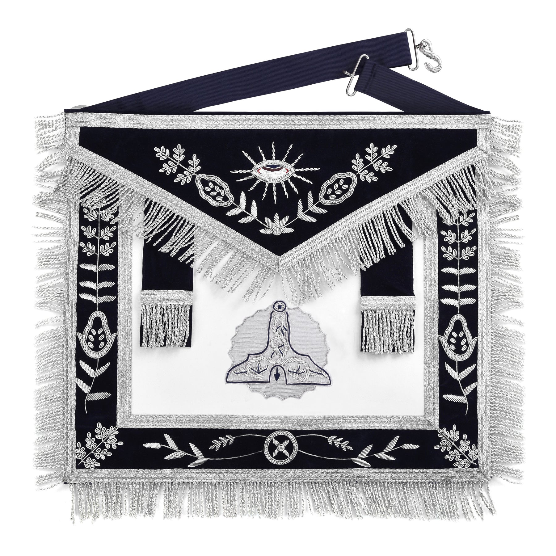 Senior Warden Blue Lodge Officer Apron - Dark Blue With Silver Hand Embroidery Bullion - Bricks Masons