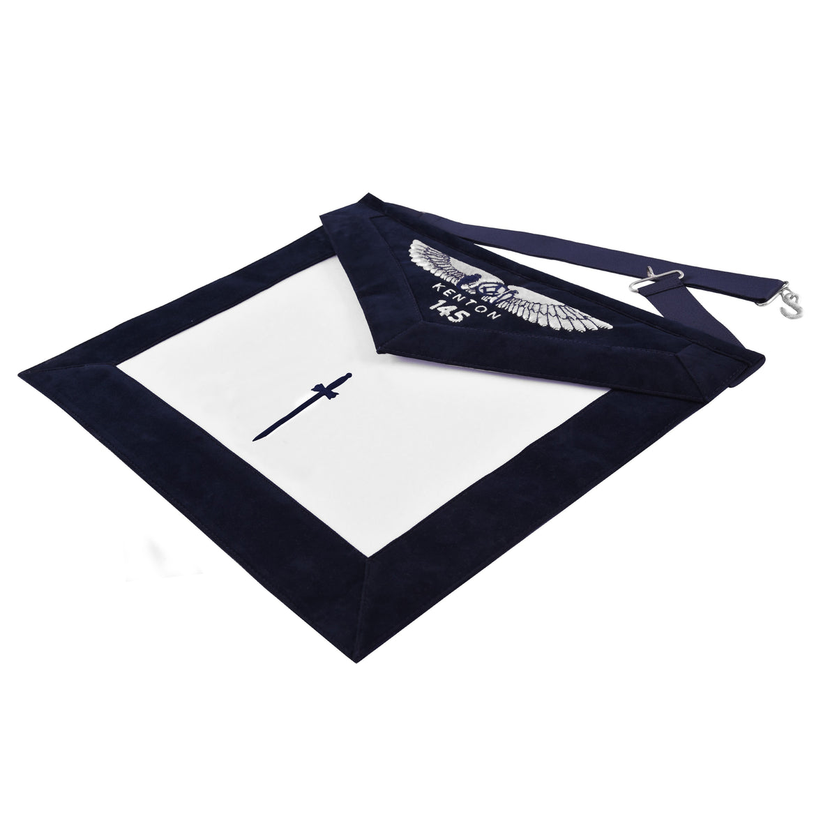 Tyler Blue Lodge Officer Apron - Kenton Lodge Navy Velvet With Silver Embroidery Thread - Bricks Masons