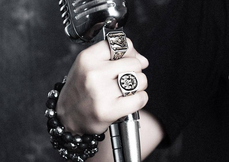 Widows Sons Ring - Gothic Skull and Bones Moon Sun - Bricks Masons