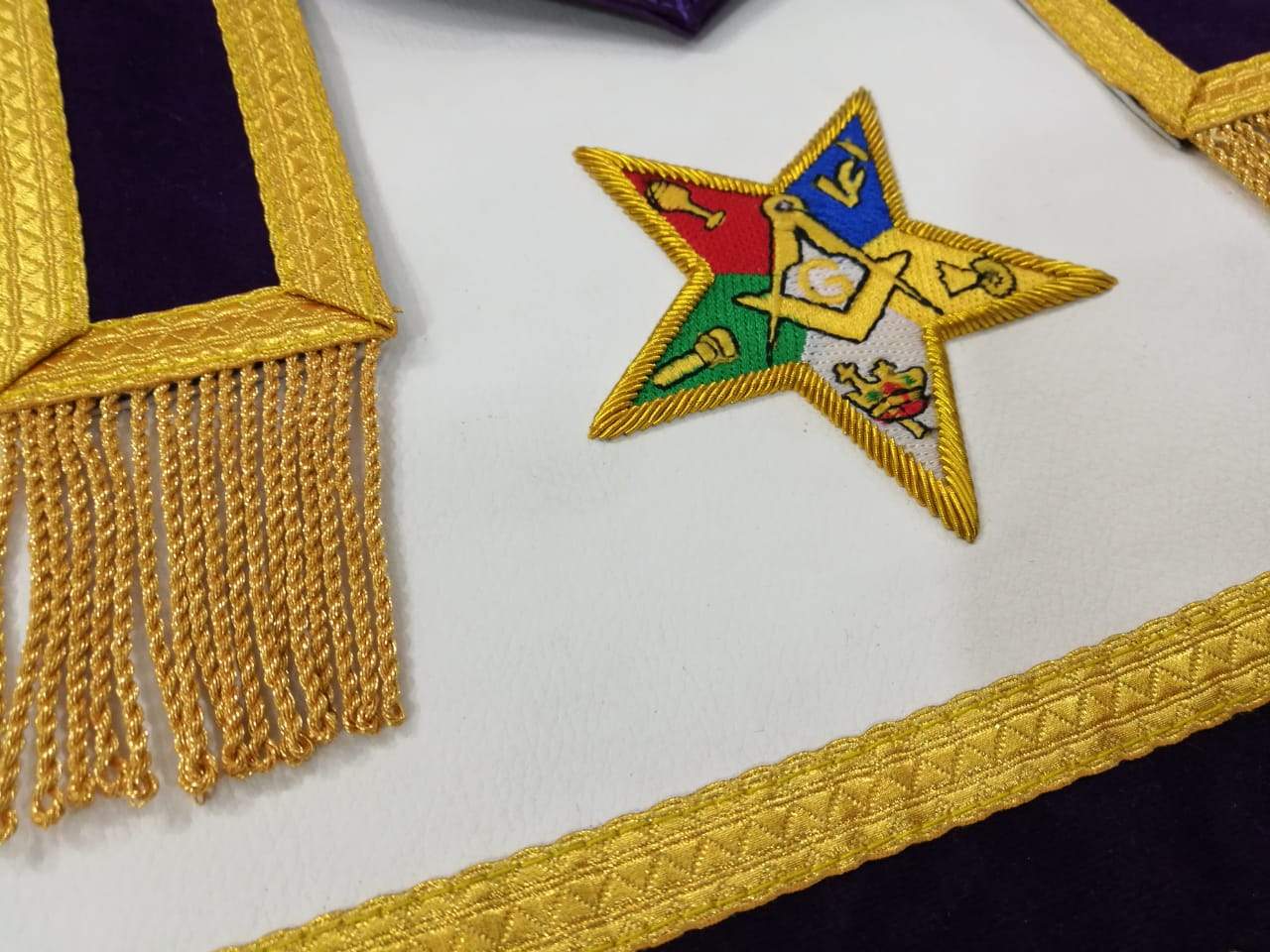 Patron OES Apron - White & Navy Blue Satin - Bricks Masons