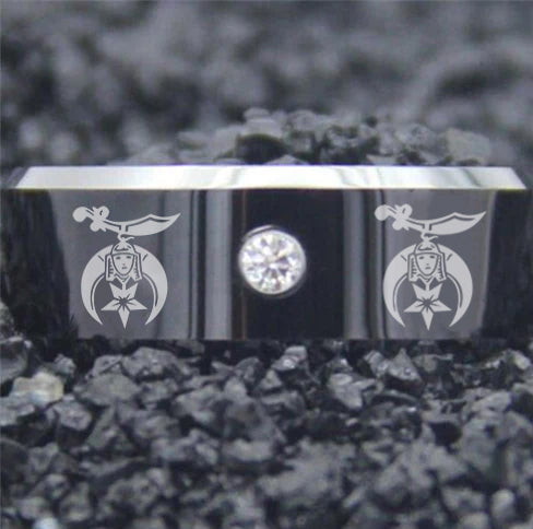 Shriners Ring - Black Silver Bevel With CZ Stone - Bricks Masons