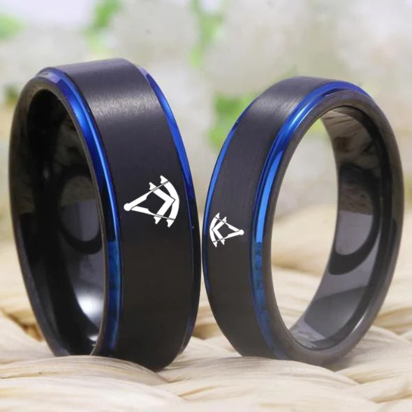 Past Master Blue Lodge Ring - Black Blue Tungsten - Bricks Masons