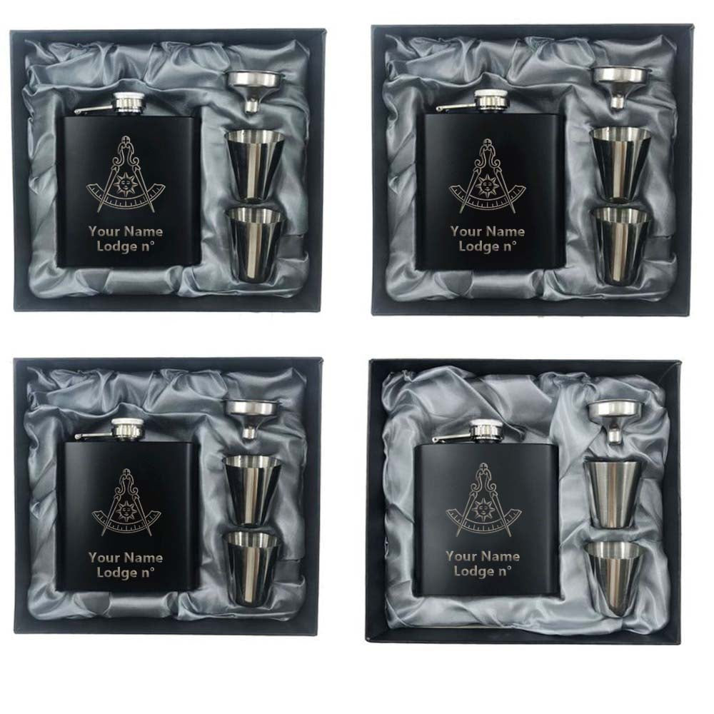 Past Master Blue Lodge California Regulation Flask - 2 Shot Glasses & Funnel - Bricks Masons