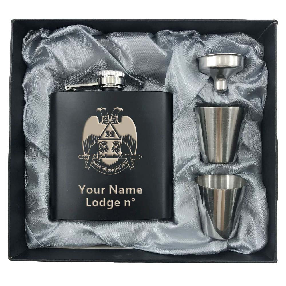 32nd Degree Scottish Rite Flask -  Wings Down 2 Shot Glasses & Funnel - Bricks Masons