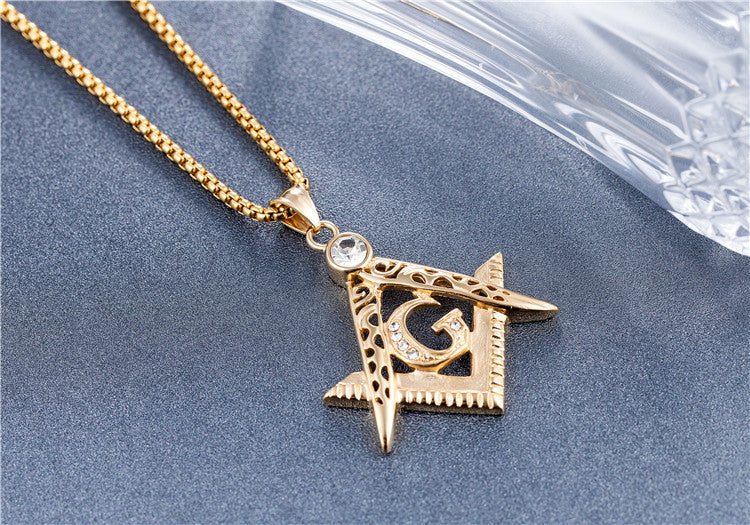 MASTER MASON BLUE LODGE NECKLACE - SILVER & GOLD ALL CRYSTAL SQUARE & COMPASS G - Bricks Masons