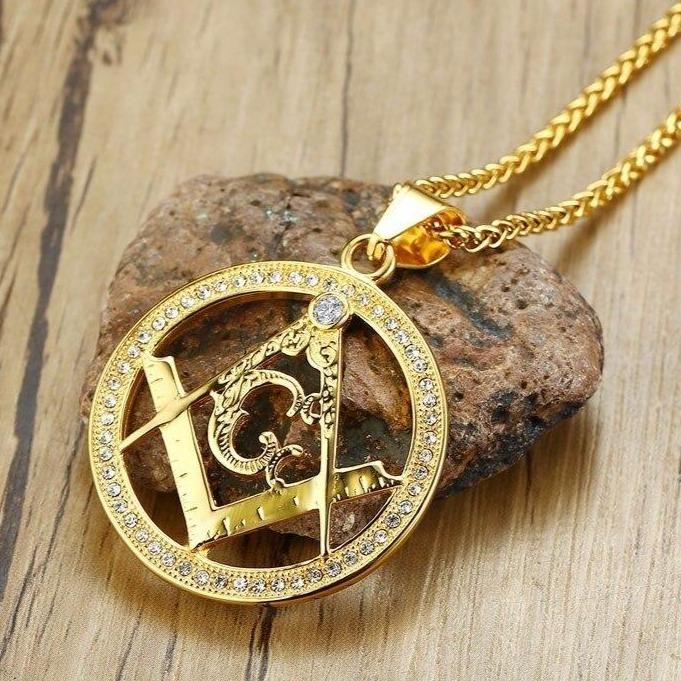 Master Mason Blue Lodge Necklace - Compass and Square G Gold - Bricks Masons