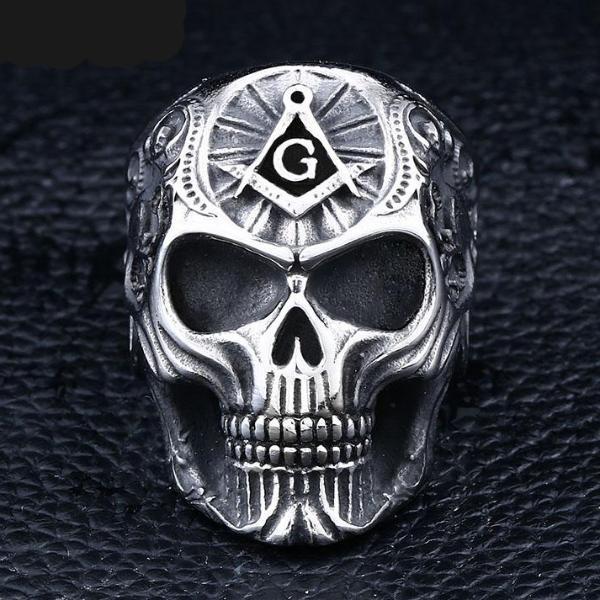Master Mason Blue Lodge Ring - Gothic Skull Motif Silver - Bricks Masons