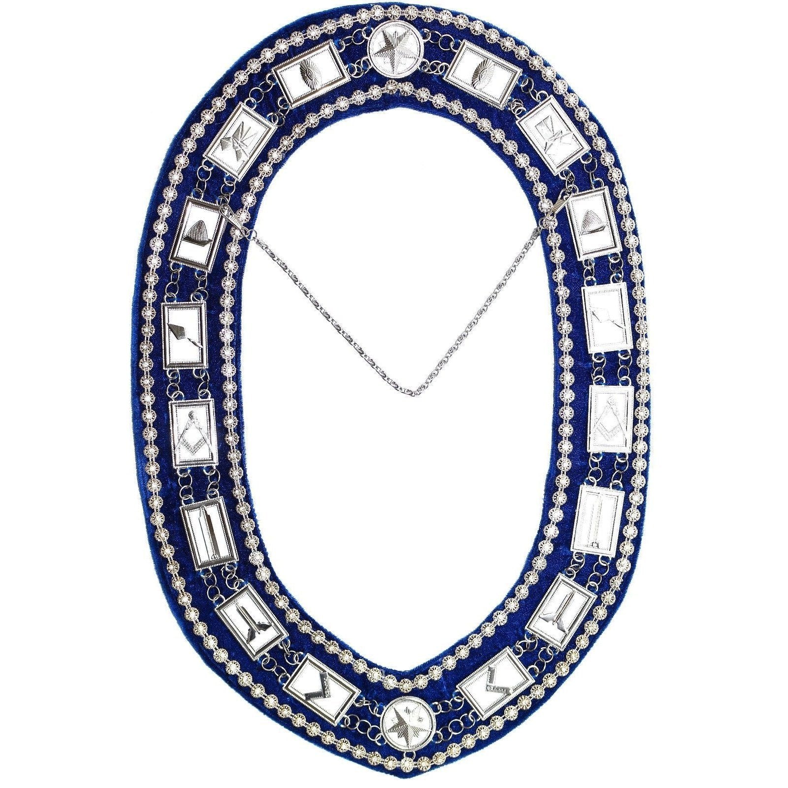 Blue Lodge Chain Collar - Silver Plated with Rhinestones on Blue Velvet - Bricks Masons